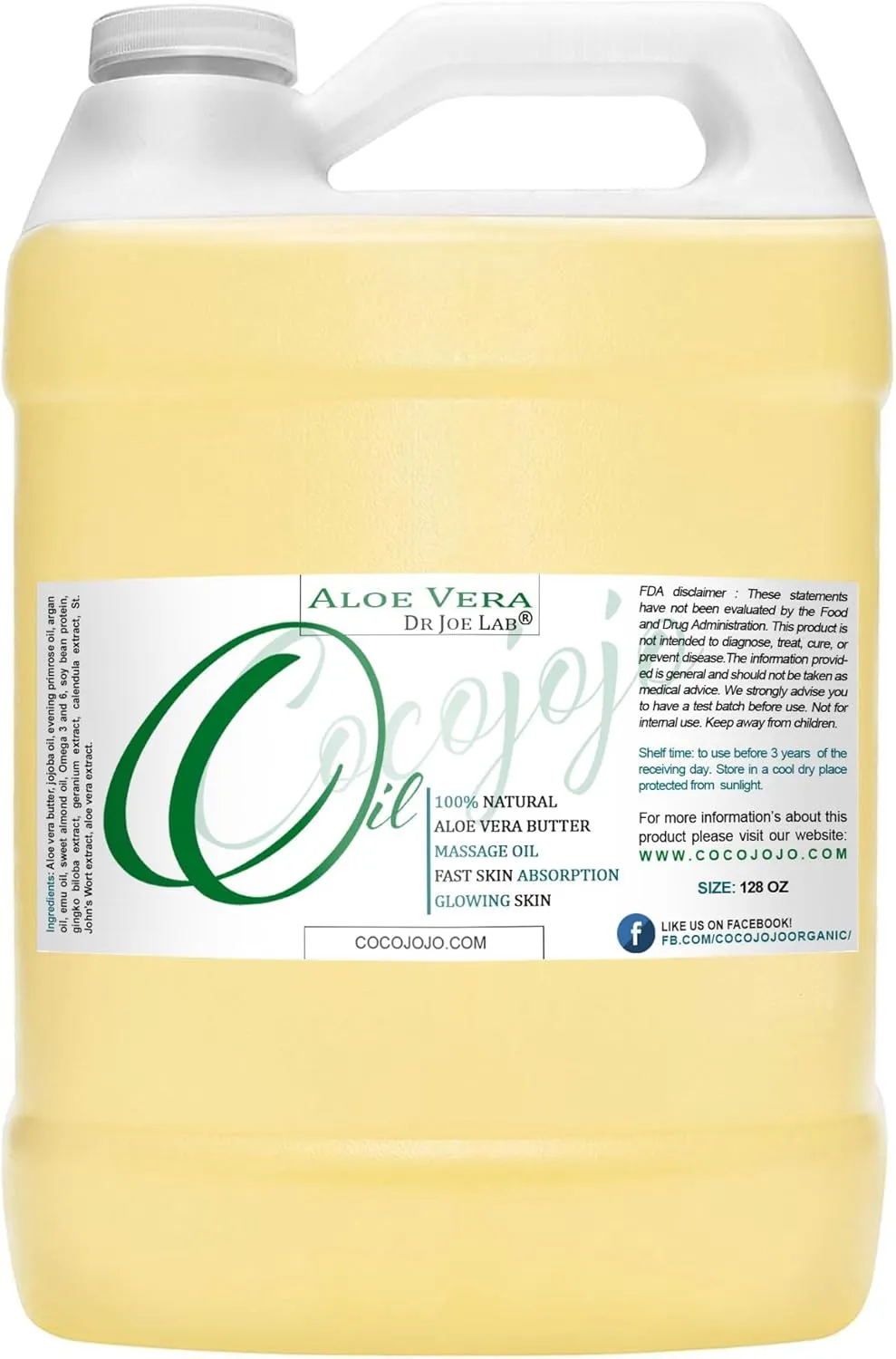1 Gallon Aloe Vera Massage Oil with Pure Jojoba, Argan, Emu Oil to Hydrate Skin &Hair, Great for Lips