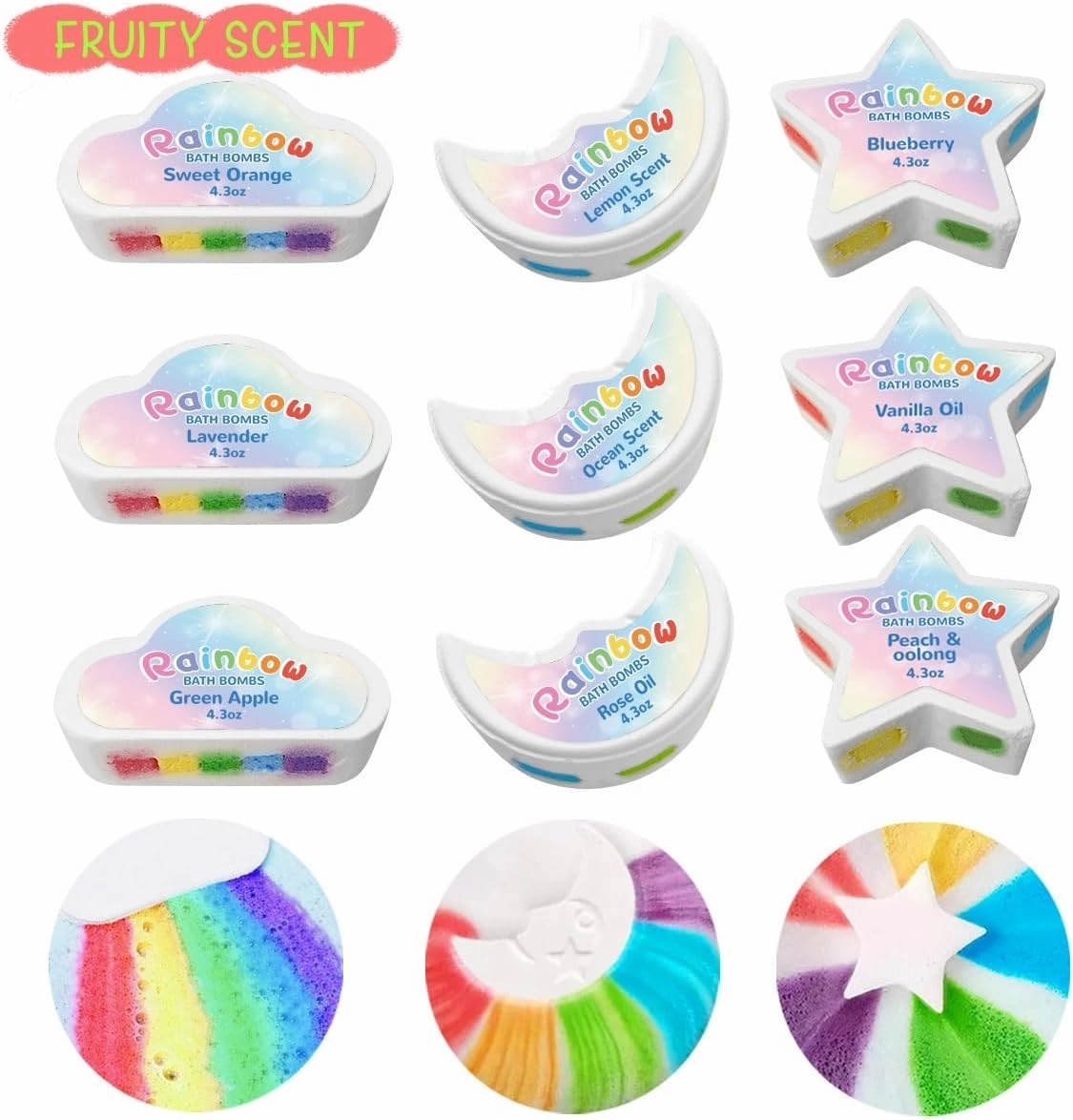 9 Pack Rainbow Bath Bombs for Girls, 4.5oz x 9 Count Bath Bombs, Assortment of Cloud, Star, and Moon, Gifts for Girls of Any Age