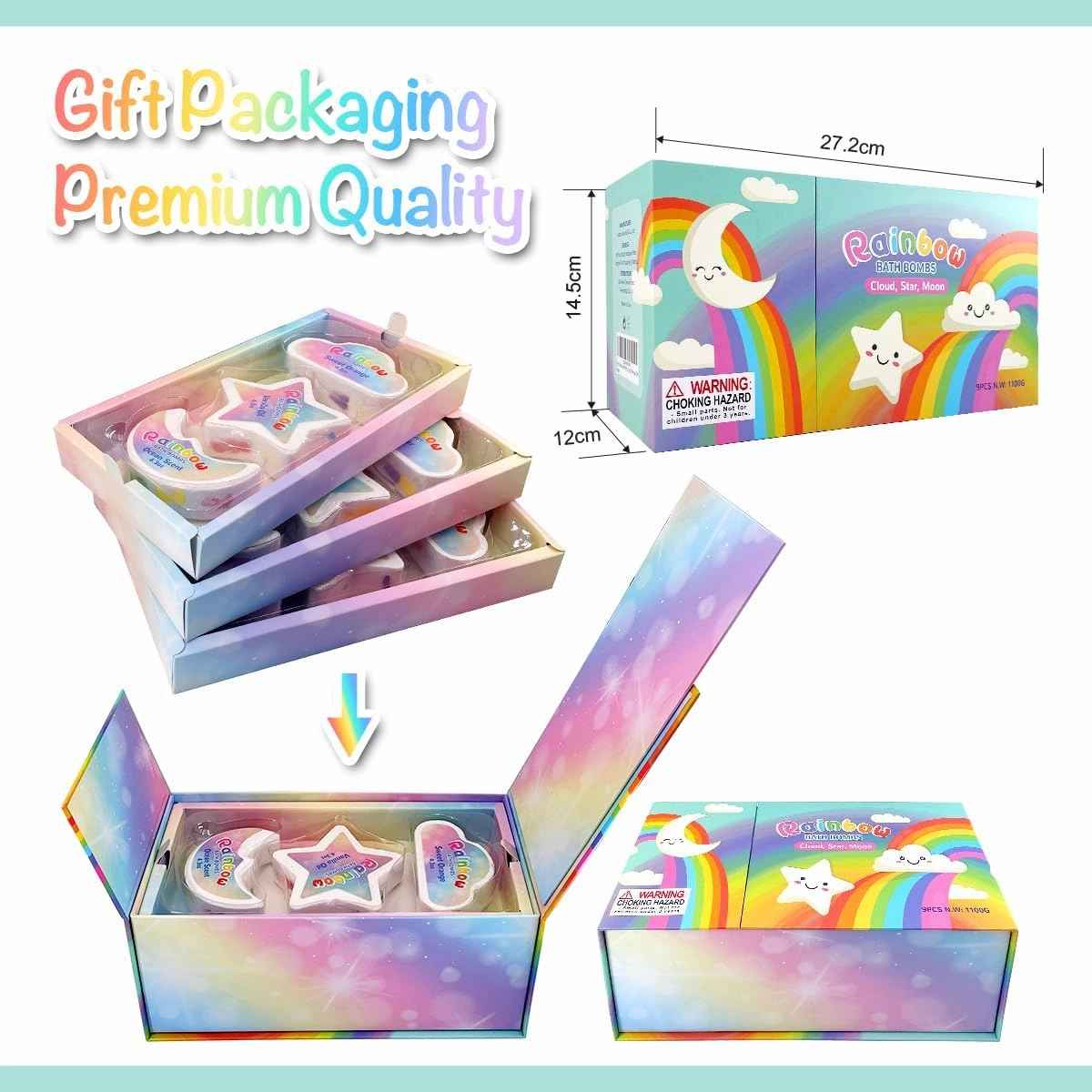 9 Pack Rainbow Bath Bombs for Girls, 4.5oz x 9 Count Bath Bombs, Assortment of Cloud, Star, and Moon, Gifts for Girls of Any Age