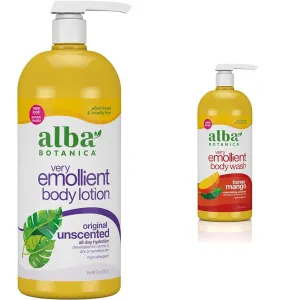 Alba Botanica Very Emollient Unscented 32 Oz Body Lotion and Honey Mango 32 Oz Body Wash Bundle