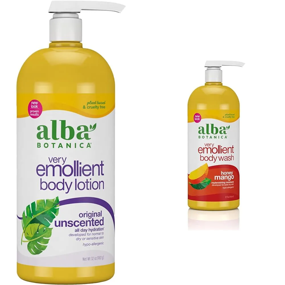 Alba Botanica Very Emollient Unscented 32 Oz Body Lotion and Honey Mango 32 Oz Body Wash Bundle