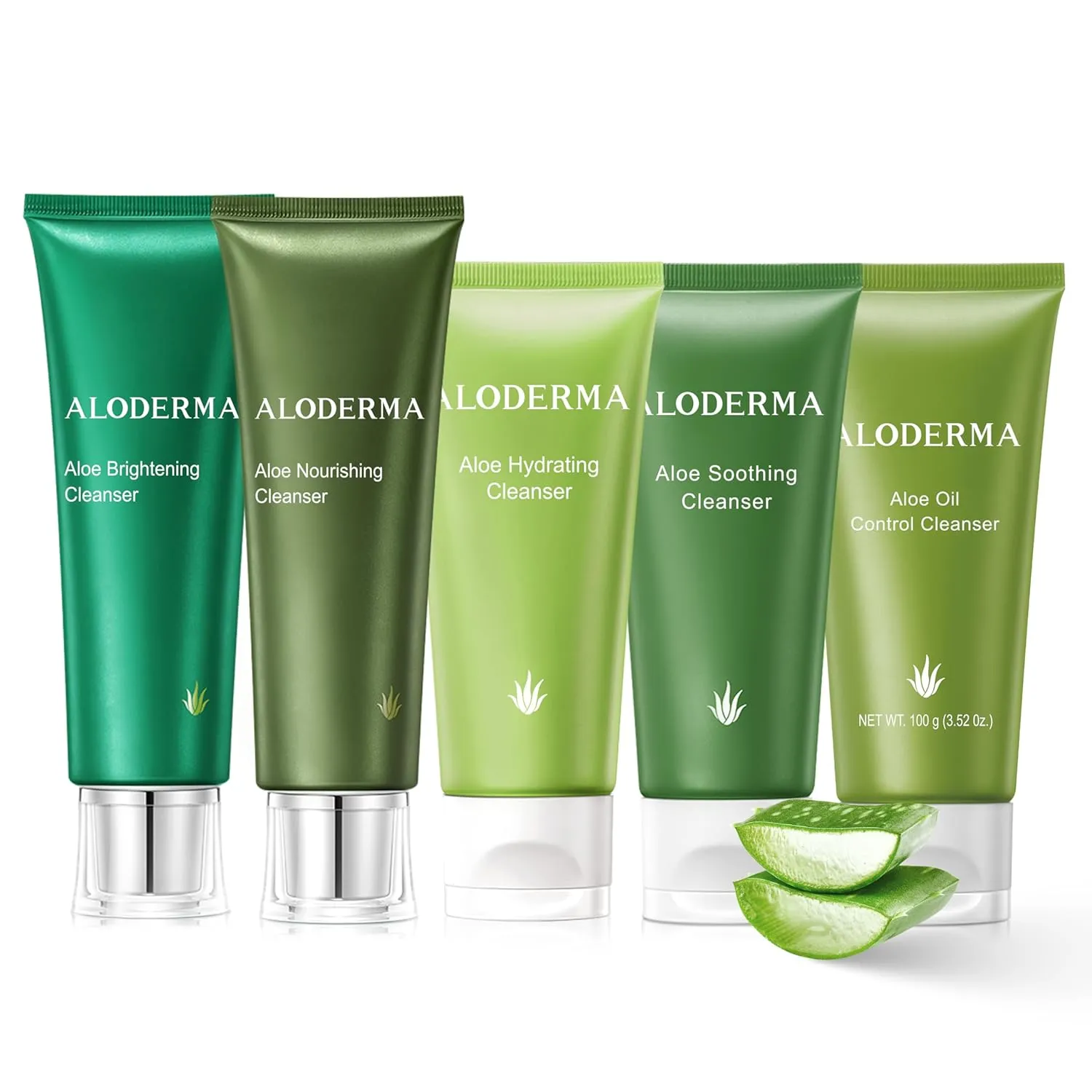 Aloderma Aloe Cleanser Set, 5 Pieces - Hydrating Cleanser, Nourishing Cleanser, Soothing Cleanser, Brightening Cleanser, Oil Control Cleanser