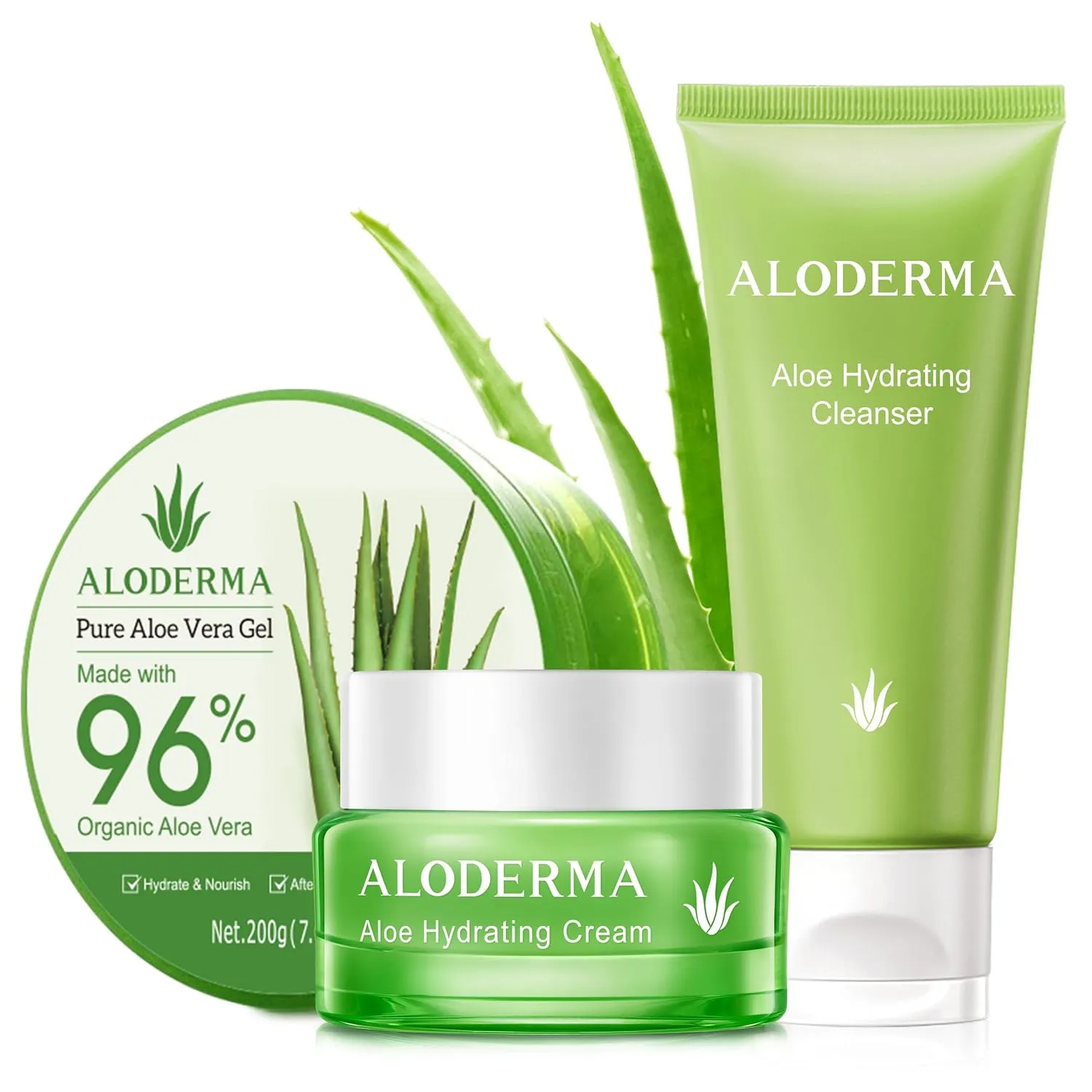 Aloderma Basic Aloe Hydrating Set - 4 Pieces - 2 x Cleanser, Cream, 200g Aloe Vera Gel