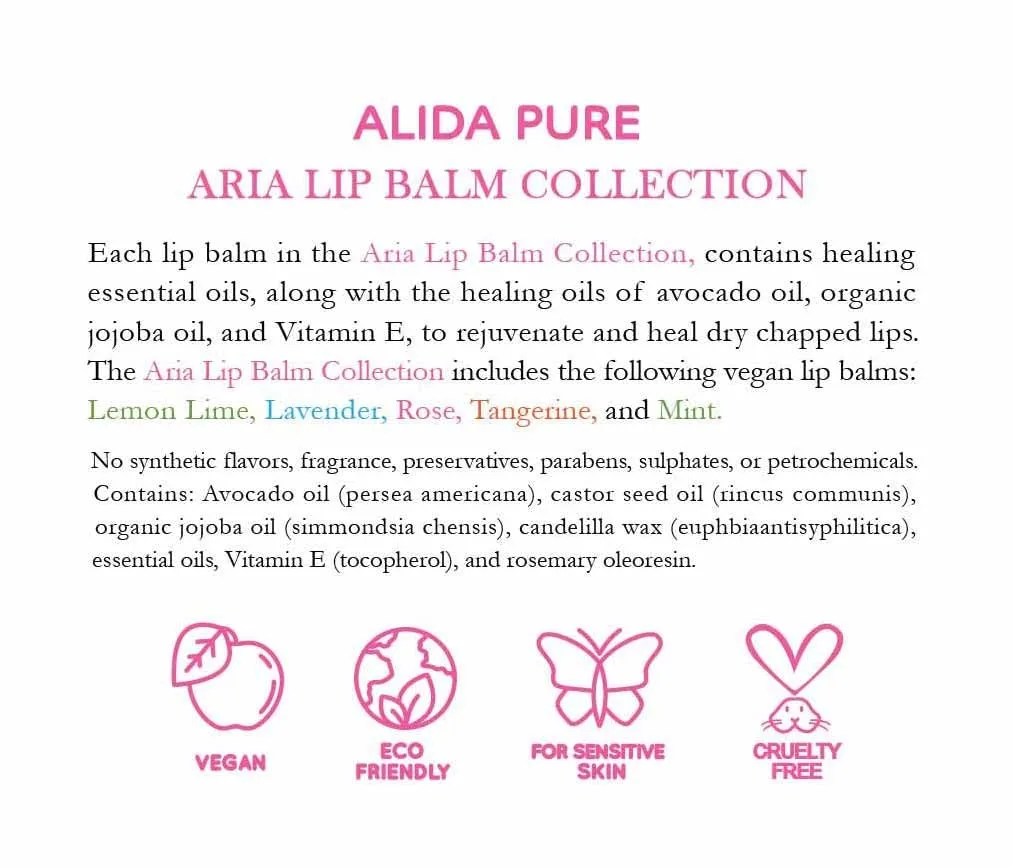 Aria Lip Balm Collection, Vegan Set, Beeswax Free, with Avocado And, Organic Jojoba Oil, and Vitamin E, Natural Moisturizer for Dry, Chapped Lips, 5 Tube Set