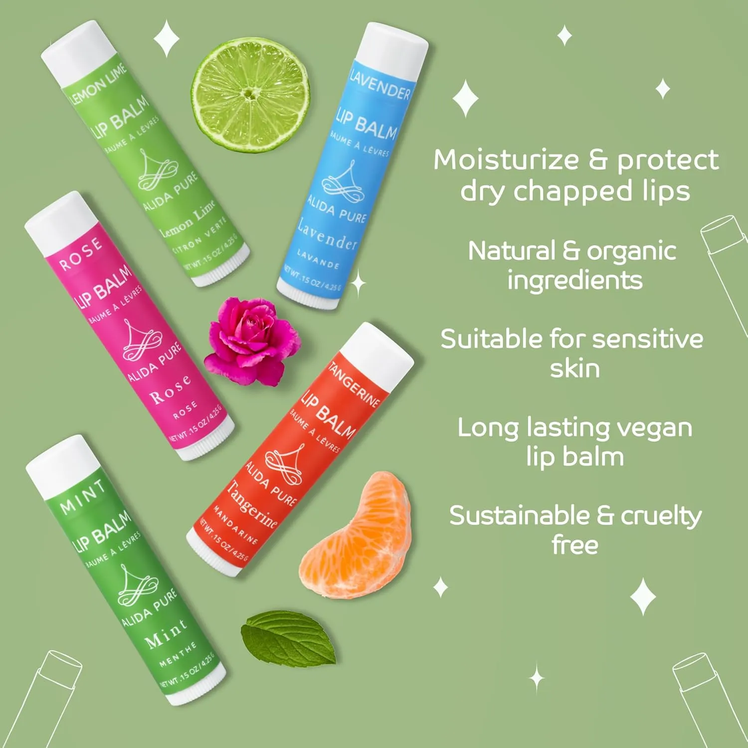 Aria Lip Balm Collection, Vegan Set, Beeswax Free, with Avocado And, Organic Jojoba Oil, and Vitamin E, Natural Moisturizer for Dry, Chapped Lips, 5 Tube Set