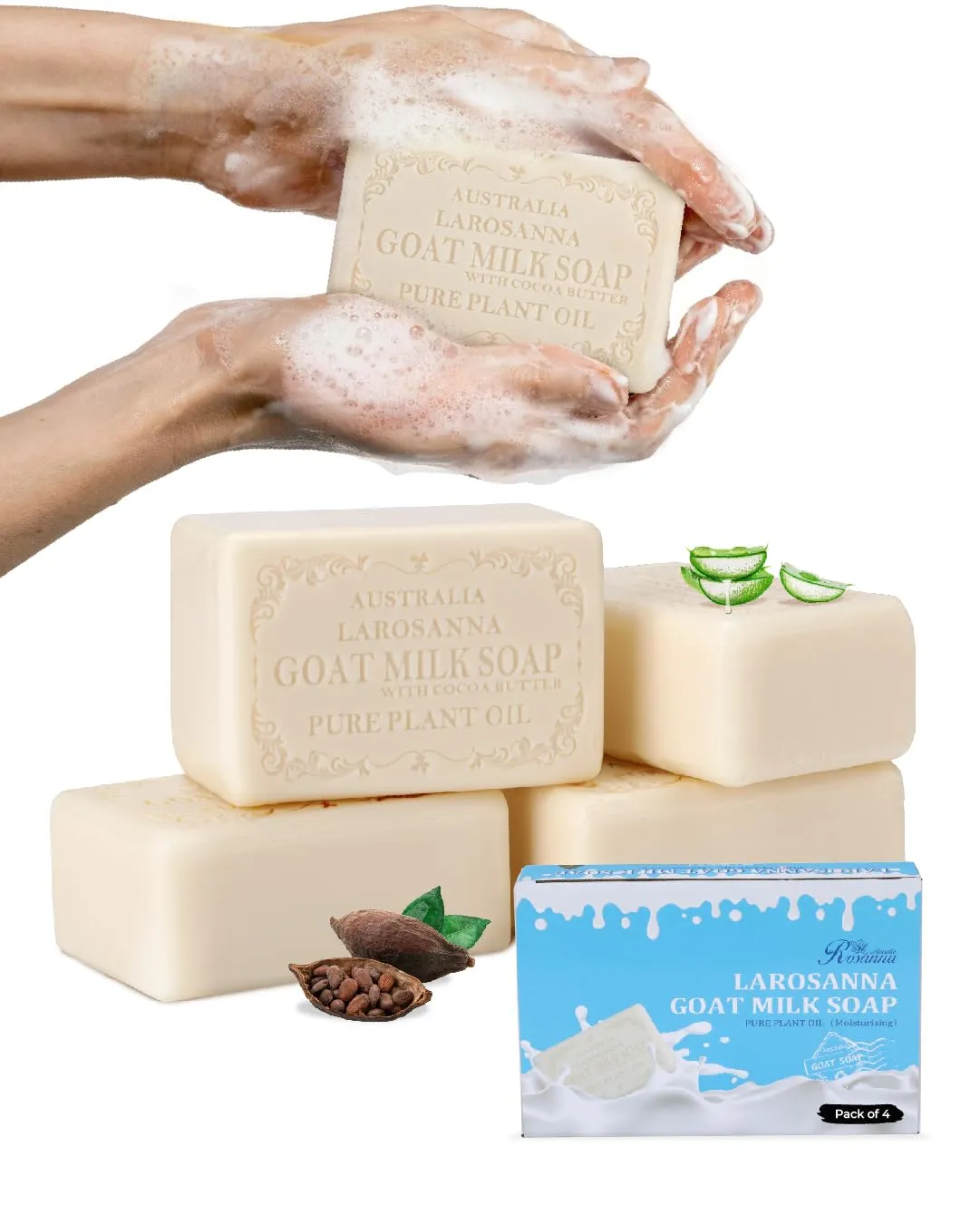 Australian Goat Milk Soap,Helps Moisturize,Smooth & Cleanse Skin,Triple-milled Bar Soap with Cocoa Butter,Aloe Vera and Pure Plant Oil,Body Soap Bars 6.3 oz for Adults & Babies,Pack of 4