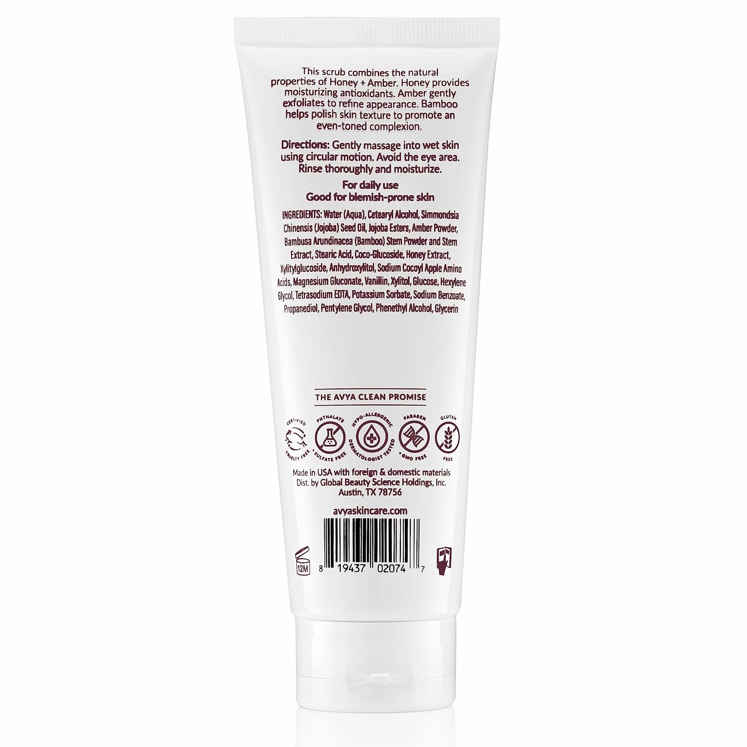 AVYA Honey   Amber Exfoliating Scrub (4 fl oz) - Deep Cleansing with Honey's Antioxidant Power and Bamboo for Refined Texture and Intense Moisturization