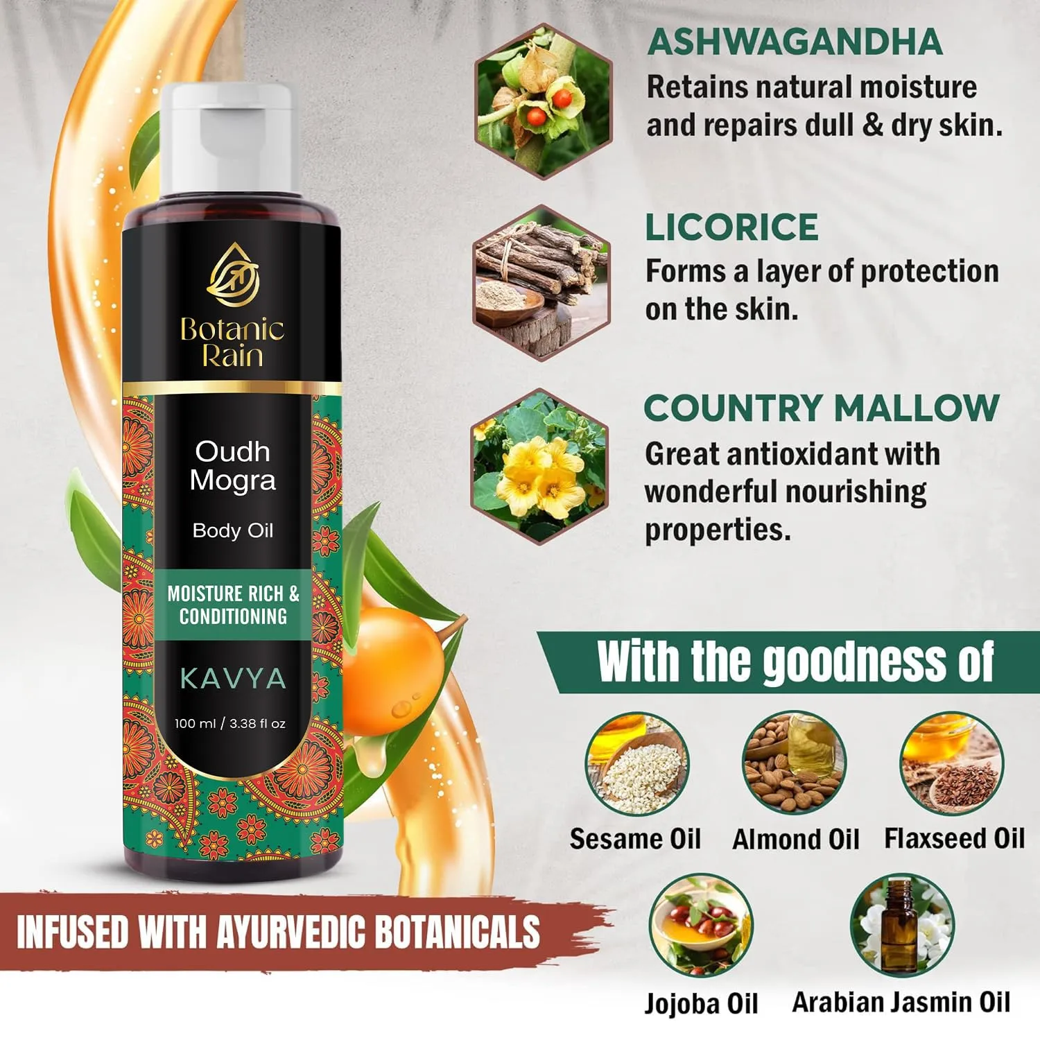 Ayurveda Body Oil With Oudh & Mogra, Organic Body Oil After Shower, Moisturizing & Hydrating Natural Body Oils For Women And Men (Pack of 2, Oudh Mogra)