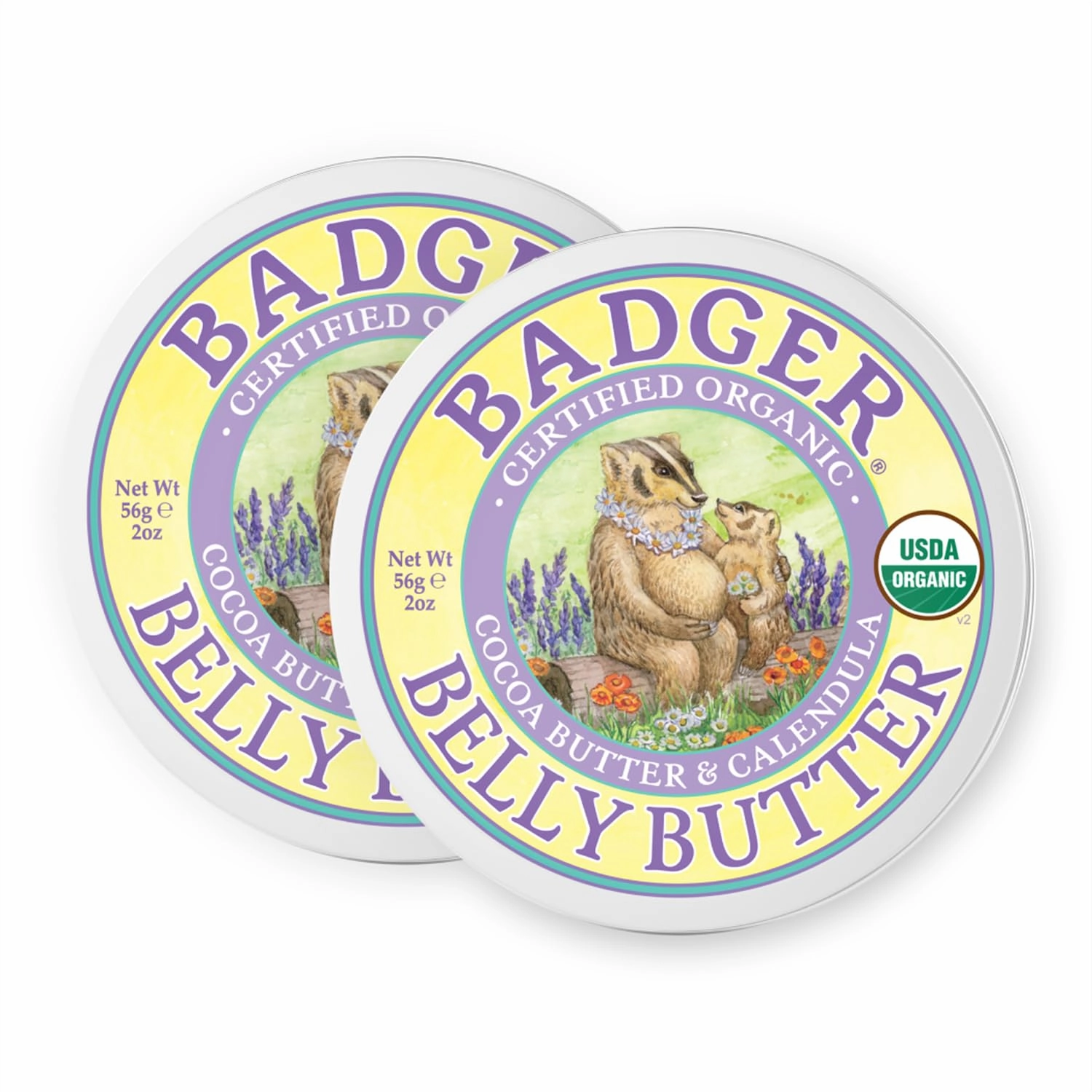 Badger Belly Butter, Organic Stretch Mark Cream for Pregnant Belly, Rich Hypoallergenic Moisturizing Organic Cocoa Butter & Coconut Body Butter for Women, 2 oz Tin, 2-Pack