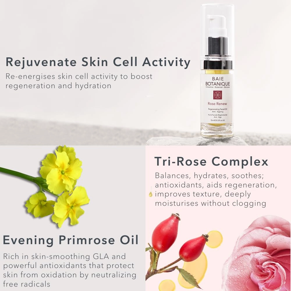 Baie Botanique Anti-Aging Facial Oil 15ml - Rose Absolute, Camelia, Borage, Evening Primrose, Abyssinian & Amla Oil - 100% Natural, 90% Organic