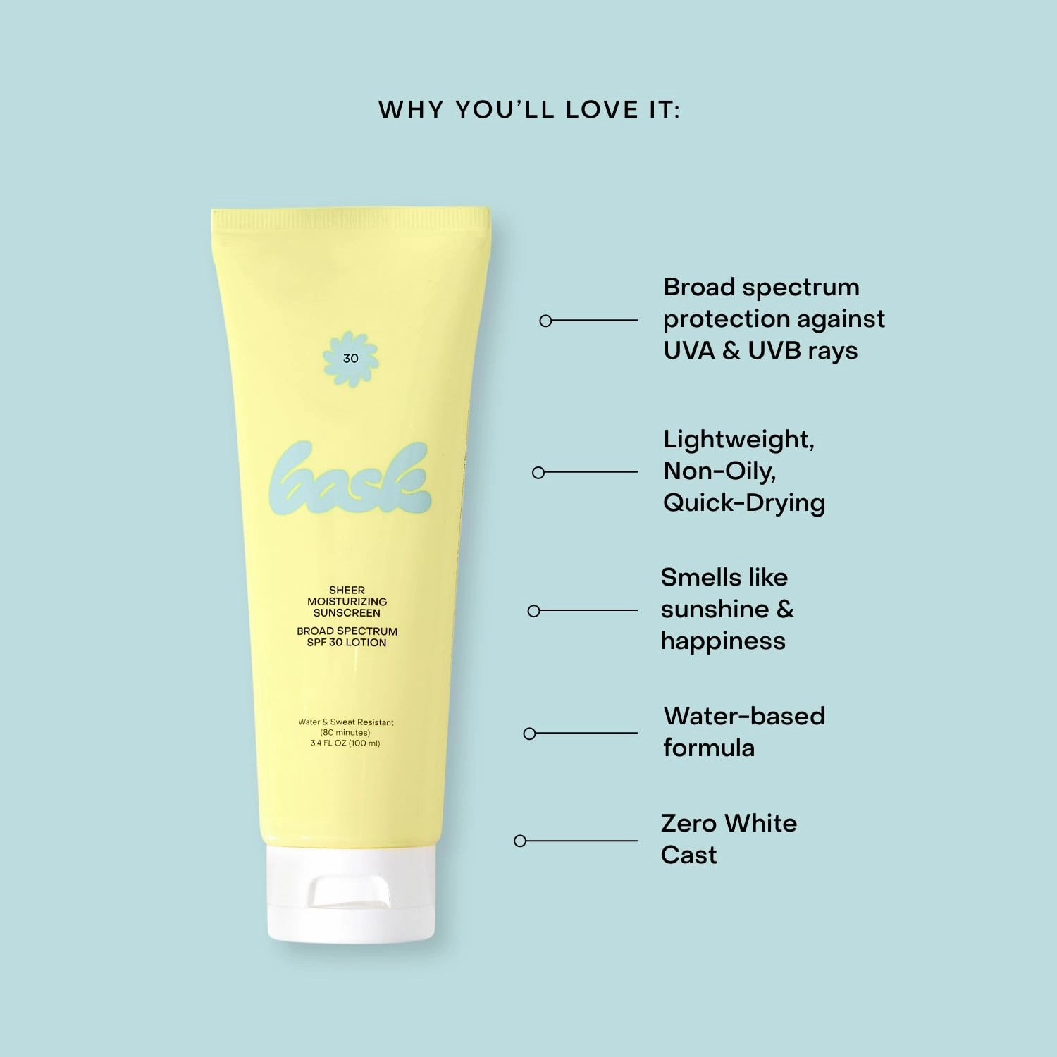 Bask Suncare SPF 30 Sheer Moisturizing Sunscreen Lotion - Broad Spectrum UVA/UVB Protection, Dermatologist Recommended, Hydrating, Lightweight & Fast Absorbing, No White Cast, Travel Size, 3.4 fl oz