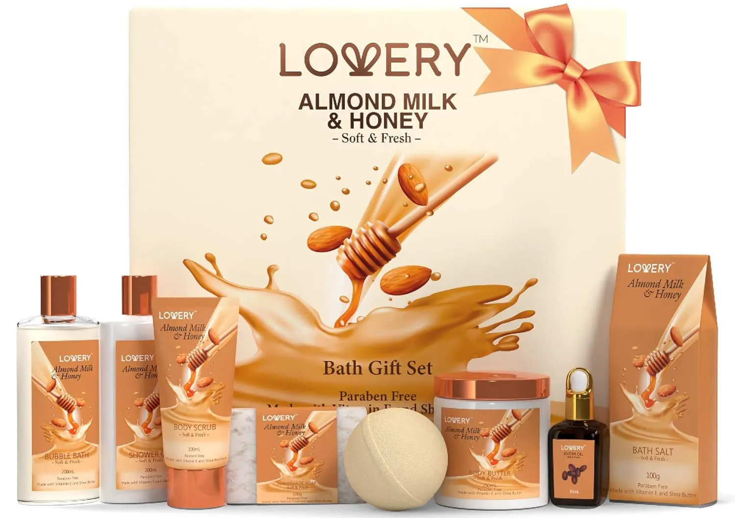 Bath Gift Set, Almond Milk & Honey Spa Kit, Shower Gel, Bath Bomb, Bubble Bath, Body Scrub, Salts, Body Butter, Jojoba Oil & Handmade Oatmeal Soap, Birthday & Holiday Gifts for Women & Men