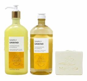 Bath & Body Works Aroma Simply Unwind Sandalwood & Vanilla Body Lotion and Body Wash   Foam Bath Set with a Natural Oats Bar Soap - Full Size