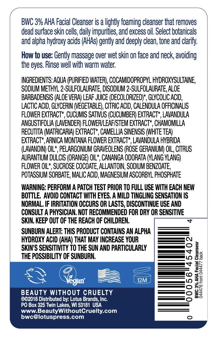 Beauty Without Cruelty AHA Facial Cleanser – Exfoliating Face Wash with Botanicals & Essential Oils, Benefits Normal to Oily Skin, Vegan-Friendly & Cruelty-Free, 8.5 Fl Oz