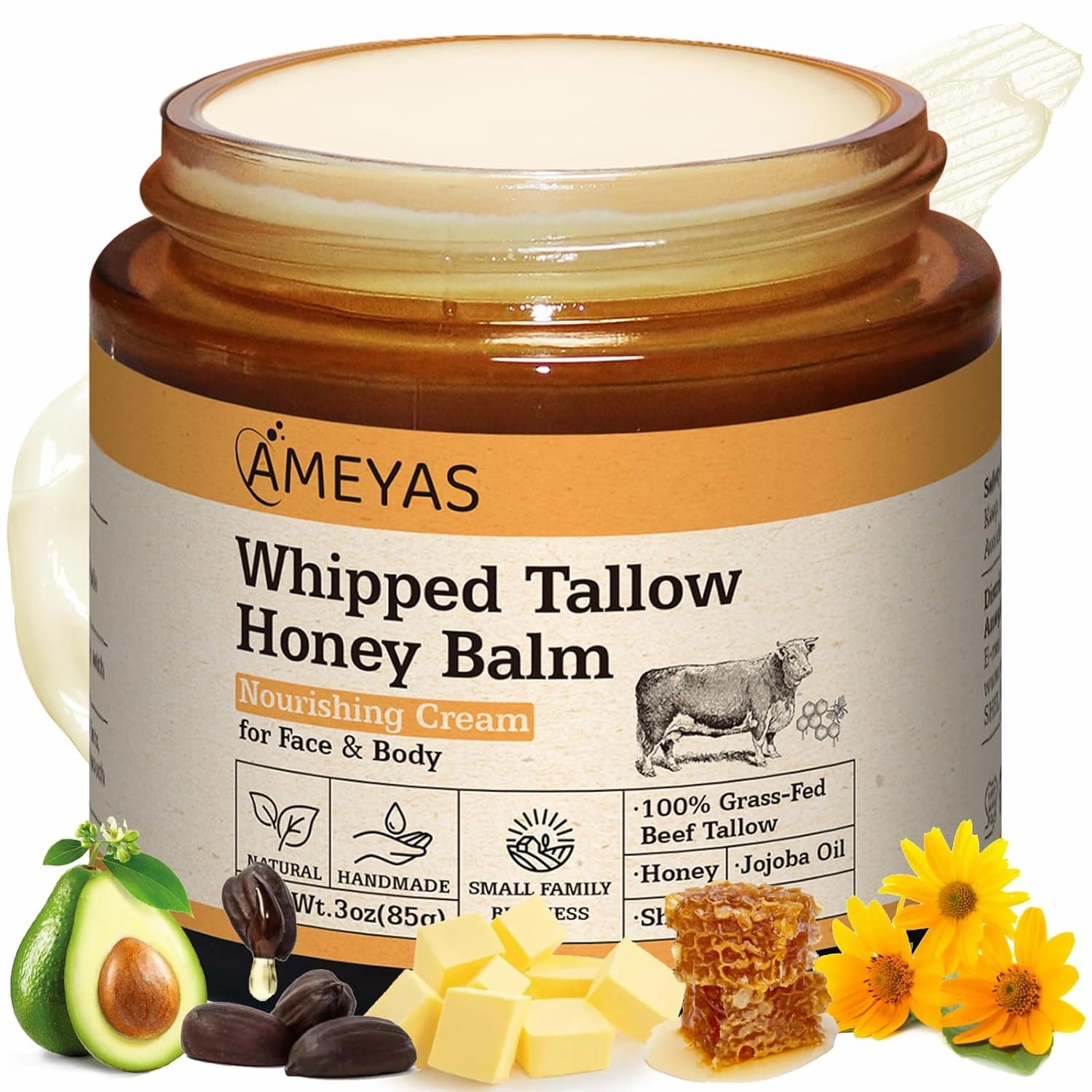 Beef Tallow for Skin - Handmade Whipped Tallow Balm with Shea Butter - 100% Grass Fed Beef Tallow for Skin Care Face Body - Whipped Moisturizer for Sensitive Skin for Eczema Rosacea Baby 3 oz