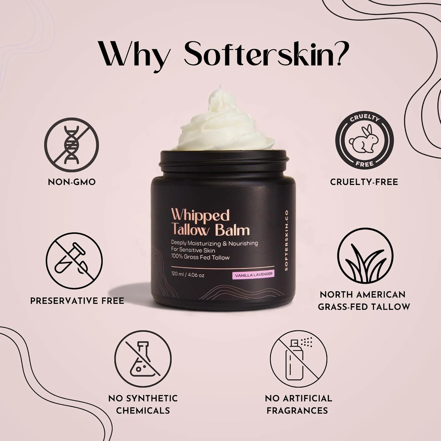 Beef Tallow for Skin (Vanilla Lavender 4 oz) - Whipped Tallow Balm for Face and Body - Natural Moisturizer for Sensitive Dry Skin - Handmade Body Butter - 100% Grass-Fed - Gentle Skincare