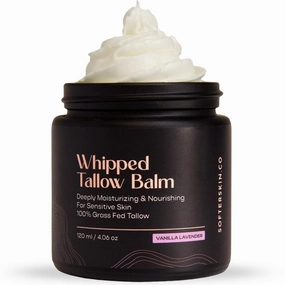 Beef Tallow for Skin (Vanilla Lavender 4 oz) - Whipped Tallow Balm for Face and Body - Natural Moisturizer for Sensitive Dry Skin - Handmade Body Butter - 100% Grass-Fed - Gentle Skincare