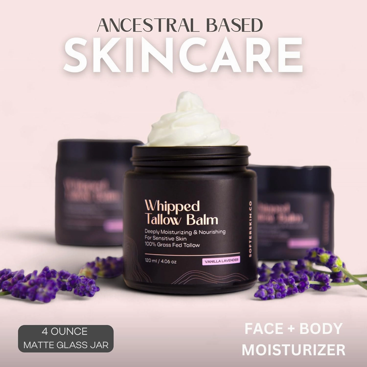 Beef Tallow for Skin (Vanilla Lavender 4 oz) - Whipped Tallow Balm for Face and Body - Natural Moisturizer for Sensitive Dry Skin - Handmade Body Butter - 100% Grass-Fed - Gentle Skincare