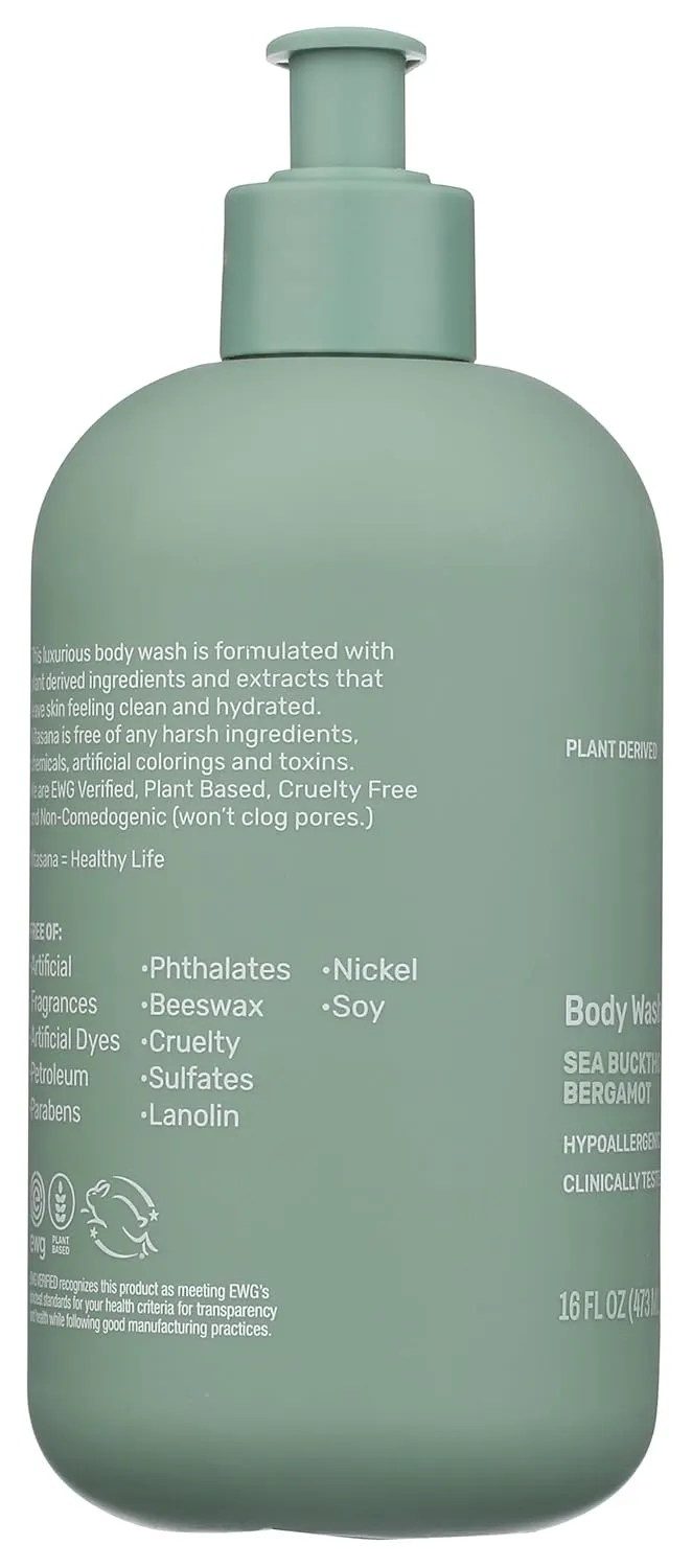 Body Wash, EWG Verified, Plant Derived, Hypoallergenic. Paraben, Sulfate, Petroleum, and Cruelty-Free, Sea Buckthorn/Bergamot, 16oz