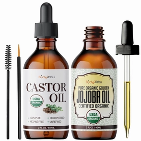 BodyJ4You 100% Pure USDA Organic Jojoba Wax Castor Oil Bundle - Skin Care Body Moisturizing Face Wax Hair Care Healthy Nails - Cold Pressed 100% Pure Natural Non-GMO Hexane Free - Pack of 2 x 2 Fl Oz
