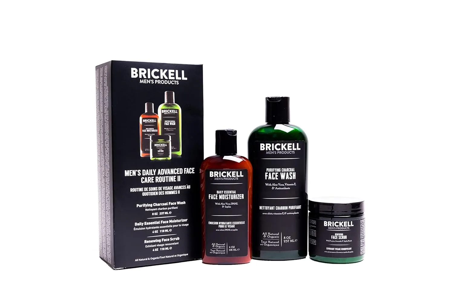 Brickell Men's Daily Advanced Face Care Routine II, Activated Charcoal Facial Cleanser, Face Scrub, Facial Moisturizer Lotion, Natural and Organic, Unscented