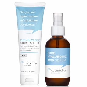 Cosmedica Skincare Glycolic Acid 2.5% Facial Scrub & Hyaluronic Acid Serum Bundle – Exfoliating Face Wash & Hydrating Moisturizer for Smooth, Radiant Skin – Anti-Aging & Brightening Skincare