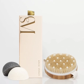CSM Body Brush & Konjac Sponges (3-Pack) Bundle - Wet or Dry Body Brush - Reduce The Appearance of Cellulite, Dry Skin. Improves Circulation Facial Sponges - Cleanses Dirt, Oil, Dead Skin, and Makeup
