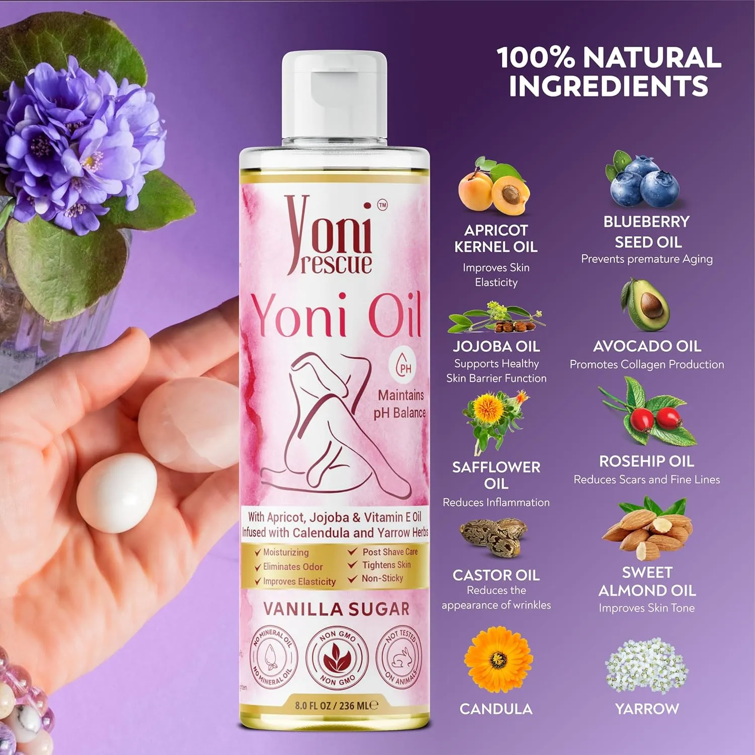 Daily Moisturizing All Natural Feminine care Yoni Oil for Women with Apricot, Jojoba, & Vitamin E | pH Balance | Eliminates Odor | Feminine intimate Hydration & Comfort | 8 oz | Vanilla Sugar Scented