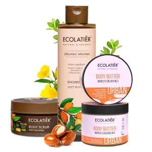 Deep Reviving Argan Oil Shower Oil, Body Scrub & Body Butter Set - Hydrating & Nourishing Skin Care with Pure Organic Argana Oil for Silky Smooth Skin