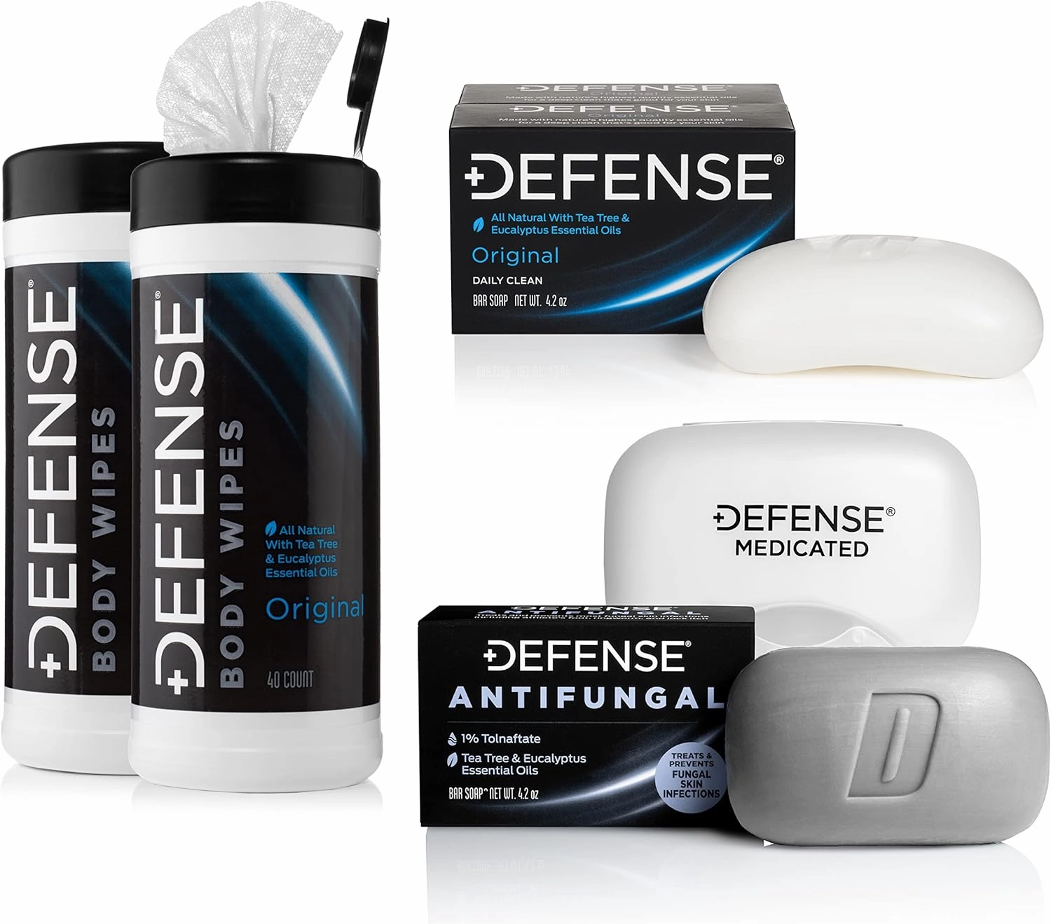 Defense Soap Antifungal Medicated Bar Soap, 4 Oz Bar (Pack of 2) - 100% Natural Tea Tree Oil, & Tea Tree Body Wipes (40 Count) 2 Pack