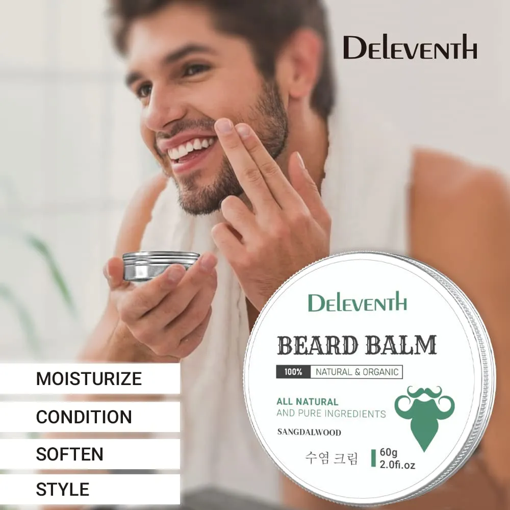 DEleventh Korean Brand Beard Balm 60g / Vitamin E with Natural Oils and Waxes, Soften, Strengthen and Protect for Healthy, Nourishing Beard, Hydrate, Soften & Protect Your Facial Hair (Sandalwood)