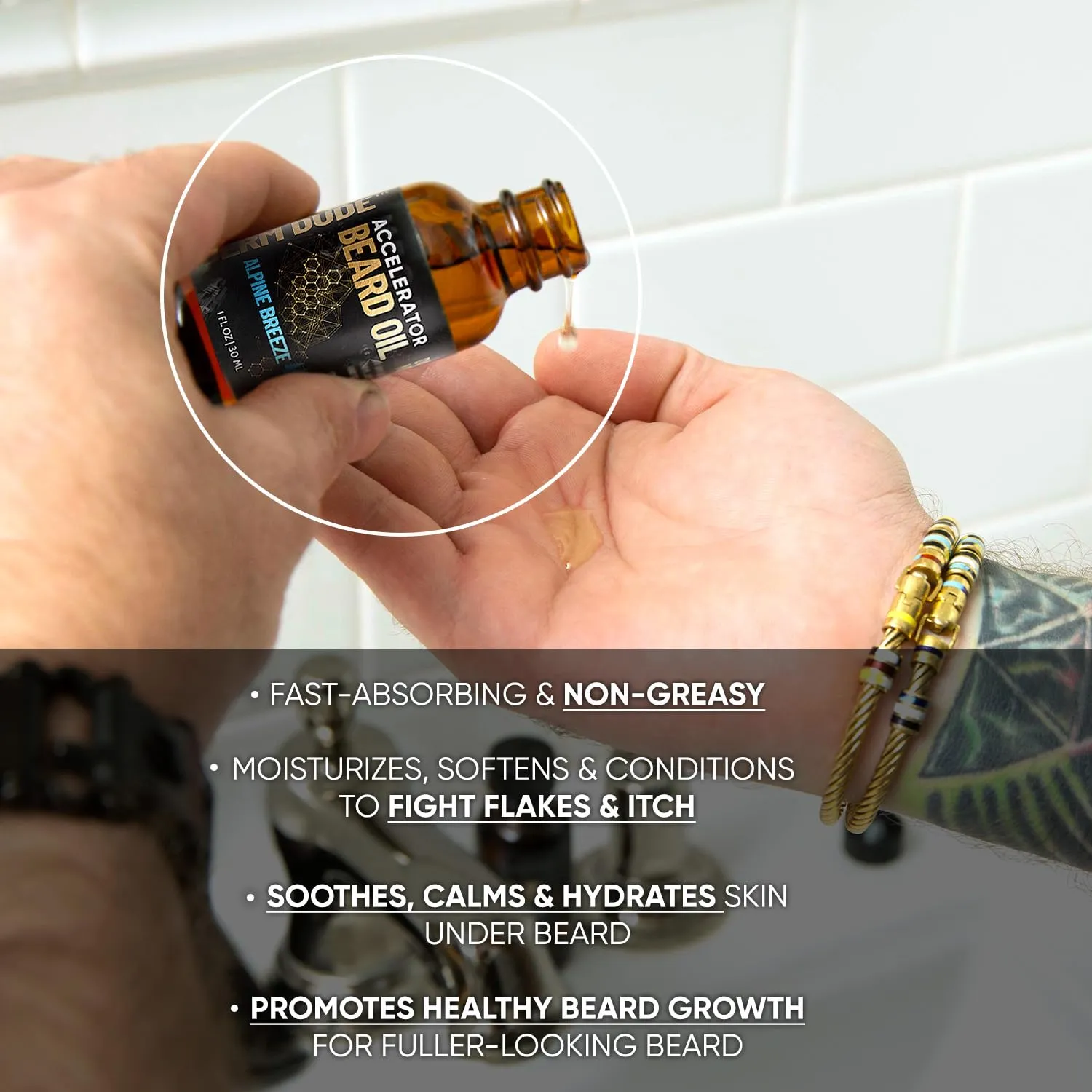Derm Dude Accelerator Beard Oil for Men | With Castor Oil & Jojoba Oil for Hair Growth | Promotes Thicker Fuller Beard | Hydrate & Soften Facial Hair, Non-Greasy Grooming Treatment - Alpine Breeze 1oz