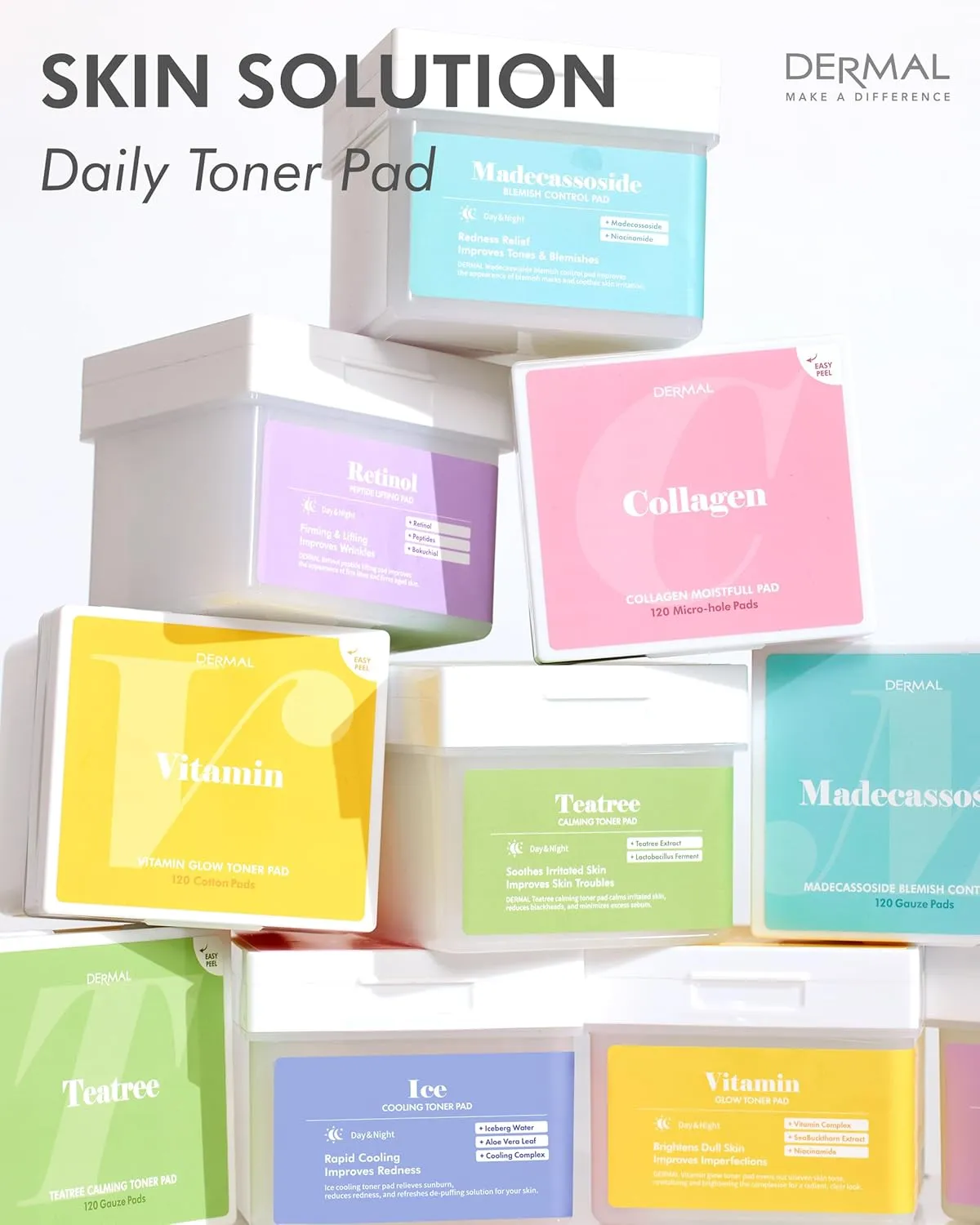 DERMAL Retinol Peptide Lifting Pad - Korean Toner Pad for Anti-Aging & Wrinkles with Bakuchiol - Vegan Pure Cotton Square Pads - High Capacity, 120 Sheets
