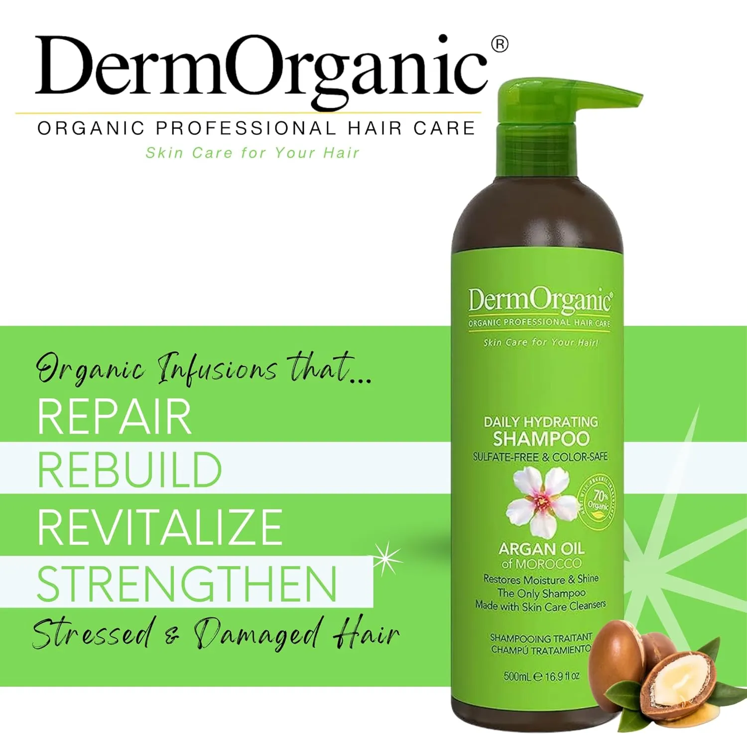 DermOrganic Argan Oil Daily Hydrating Shampoo – Sulfate-Free & Color Safe, 16.9 oz