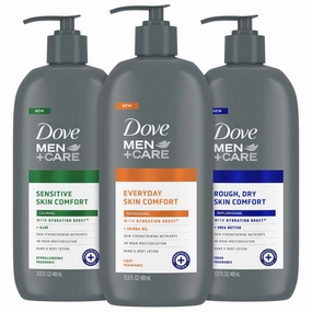 Dove Hand & Body Lotion, Men Care Variety Pack – Rough Dry Skin Comfort with Shea Butter, Sensitive Skin Comfort with Aloe Vera, Everyday Skin Comfort with Jojoba Oil, 13.5 Oz Ea (3 Piece Set)