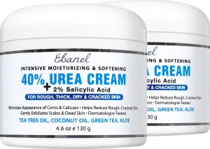Ebanel Urea Cream 40% plus Salicylic Acid 2%, Foot Cream for Dry Cracked Heels Feet Knees Elbows Hands, Foot Dead Skin Cuticle Callus Remover Toenail Softener, Keratolytic Skin Barrier Repair, 2-Pack