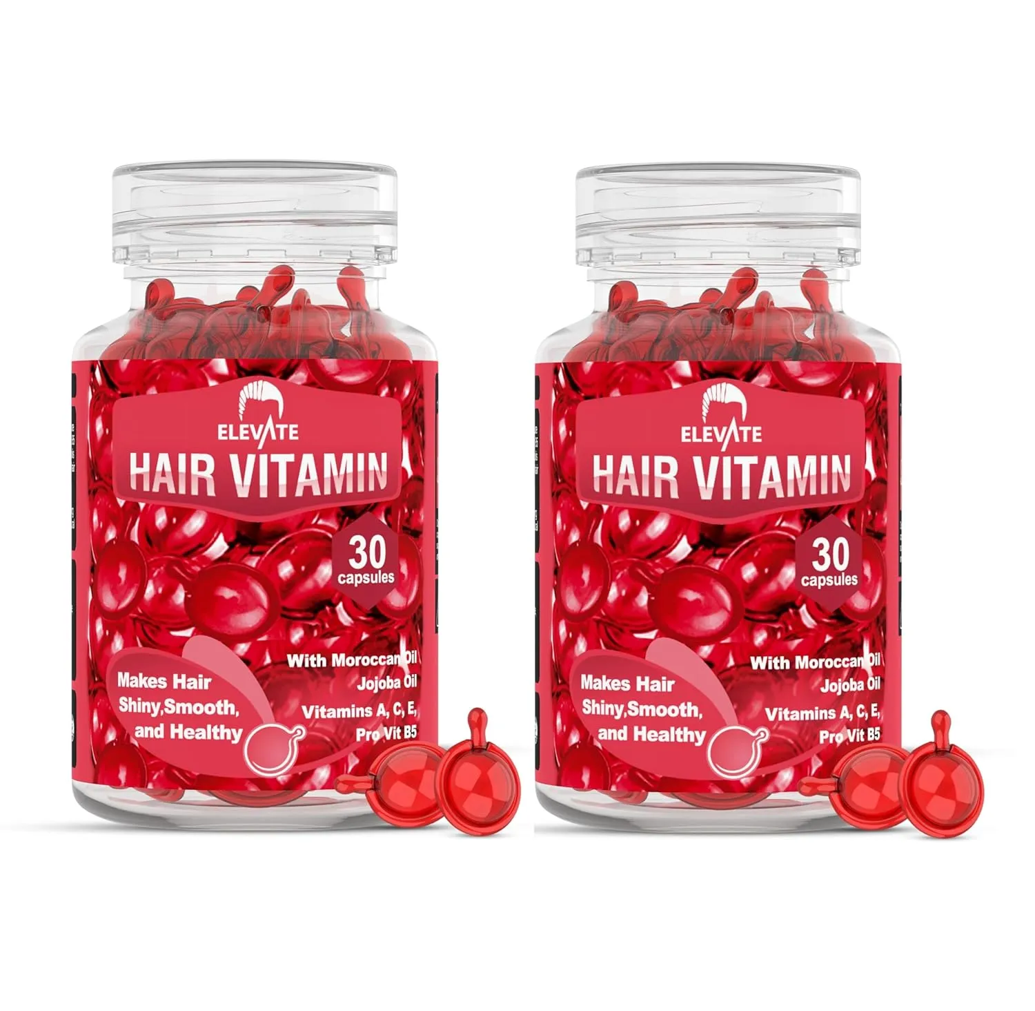 Elevate Hair Treatment Serum Oil Capsules - Conditioning Repair & Moisturizing Formula with Argan Jojoba Oils Vitamins A C E Pro Vitamin B5 Healthier Smooth Silky Thicker for Softness (2 Bottles)