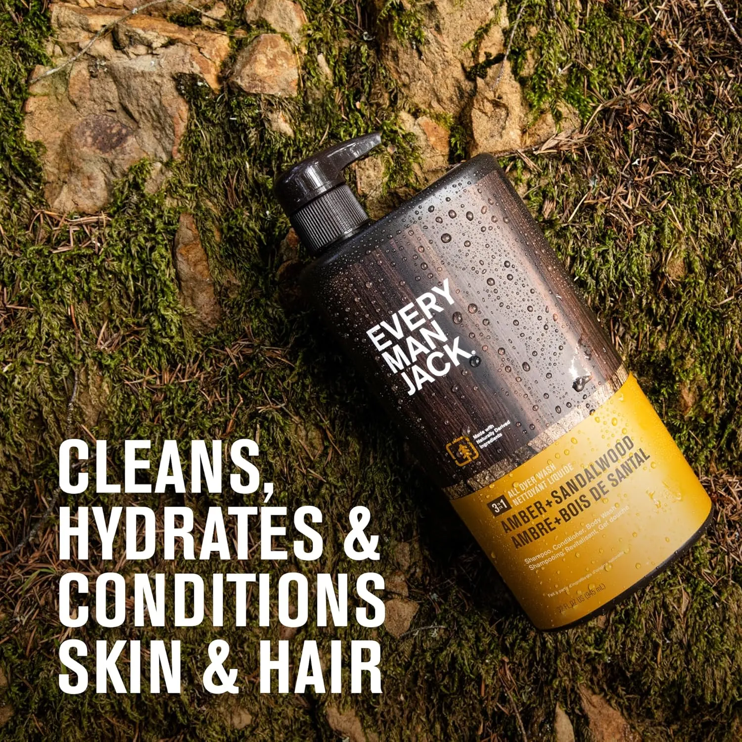 Every Man Jack Amber   Sandalwood Hydrating Mens 3-in-1 All Over Wash for All Skin and Hair Types - Body Wash, Shampoo and Conditioner with Naturally Derived Ingredients - 28.8oz (2 Pack)