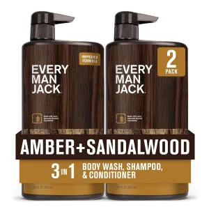 Every Man Jack Amber   Sandalwood Hydrating Mens 3-in-1 All Over Wash for All Skin and Hair Types - Body Wash, Shampoo and Conditioner with Naturally Derived Ingredients - 28.8oz (2 Pack)