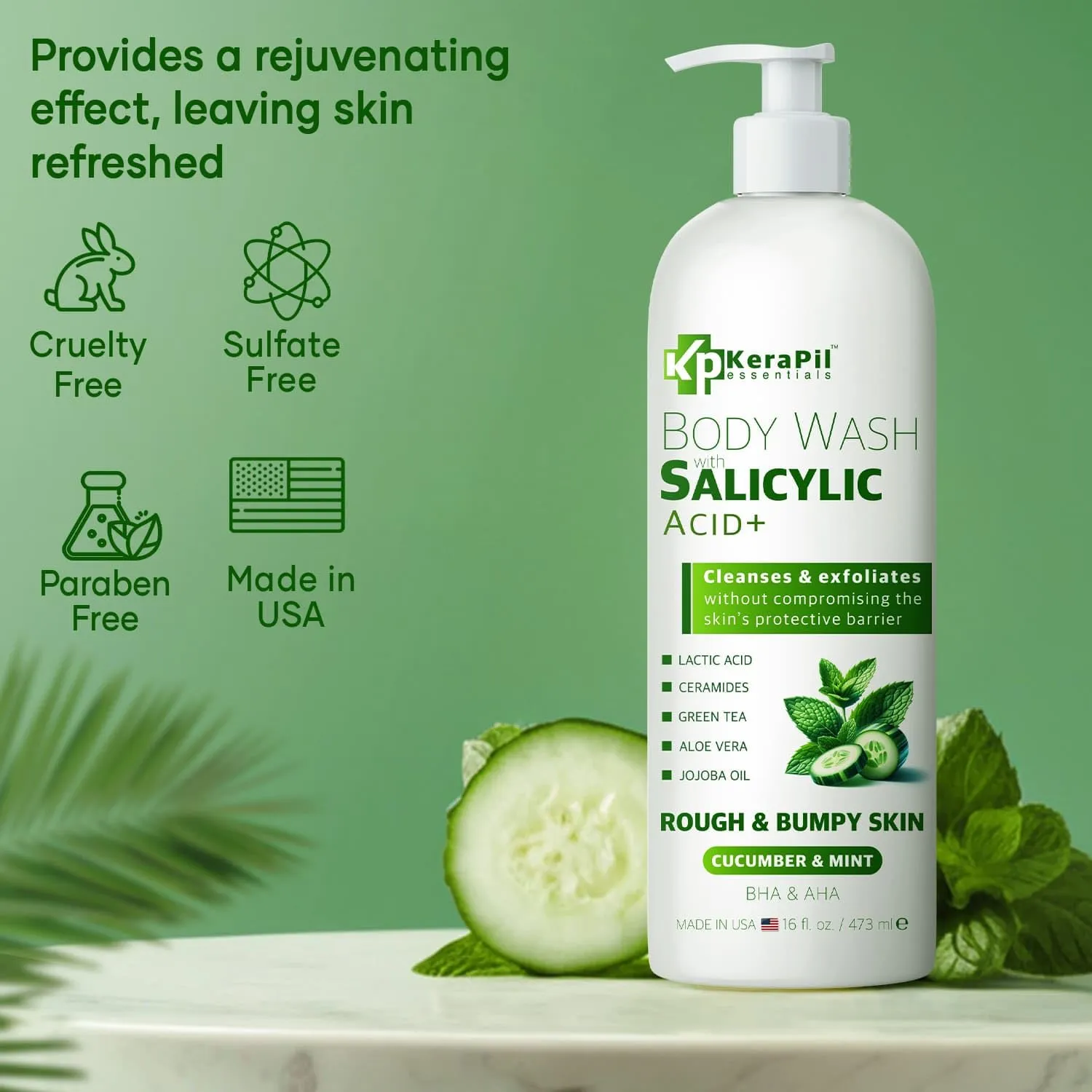 Exfoliating Body Wash with Salicylic Acid - No Dry Out, Gentle Exfoliates Rough and Bumpy Skin, Body Acne Wash, BHA & AHA - Cucumber and Mint Salicylic Acid Body Wash - (16 fl oz x 2)