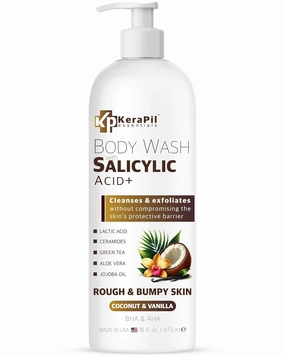 Exfoliating Body Wash with Salicylic Acid - No Dry Out, Gentle Exfoliates Rough and Bumpy Skin, Body Acne Wash, BHA & AHA - Coconut and Vanilla with Salicylic Acid - (16 fl oz)