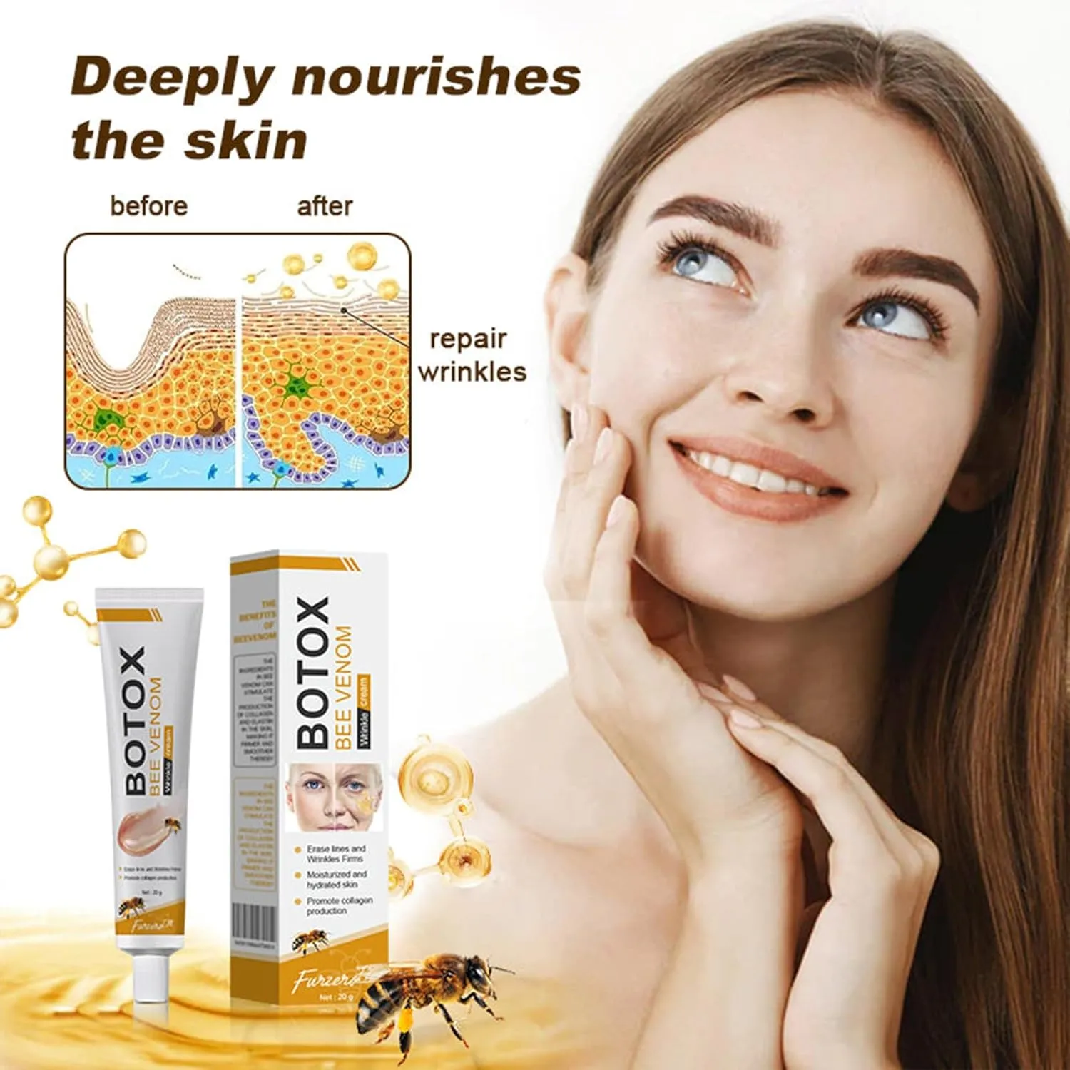 Furzero Botox Bee Venom Wrinkle Removal Cream, Bee Venom Anti-Wrinkle Firming Cream, Botox Bee Venom Cream, Moisturizing, Lifting & Recovery for All Skin Types（3 Pack）