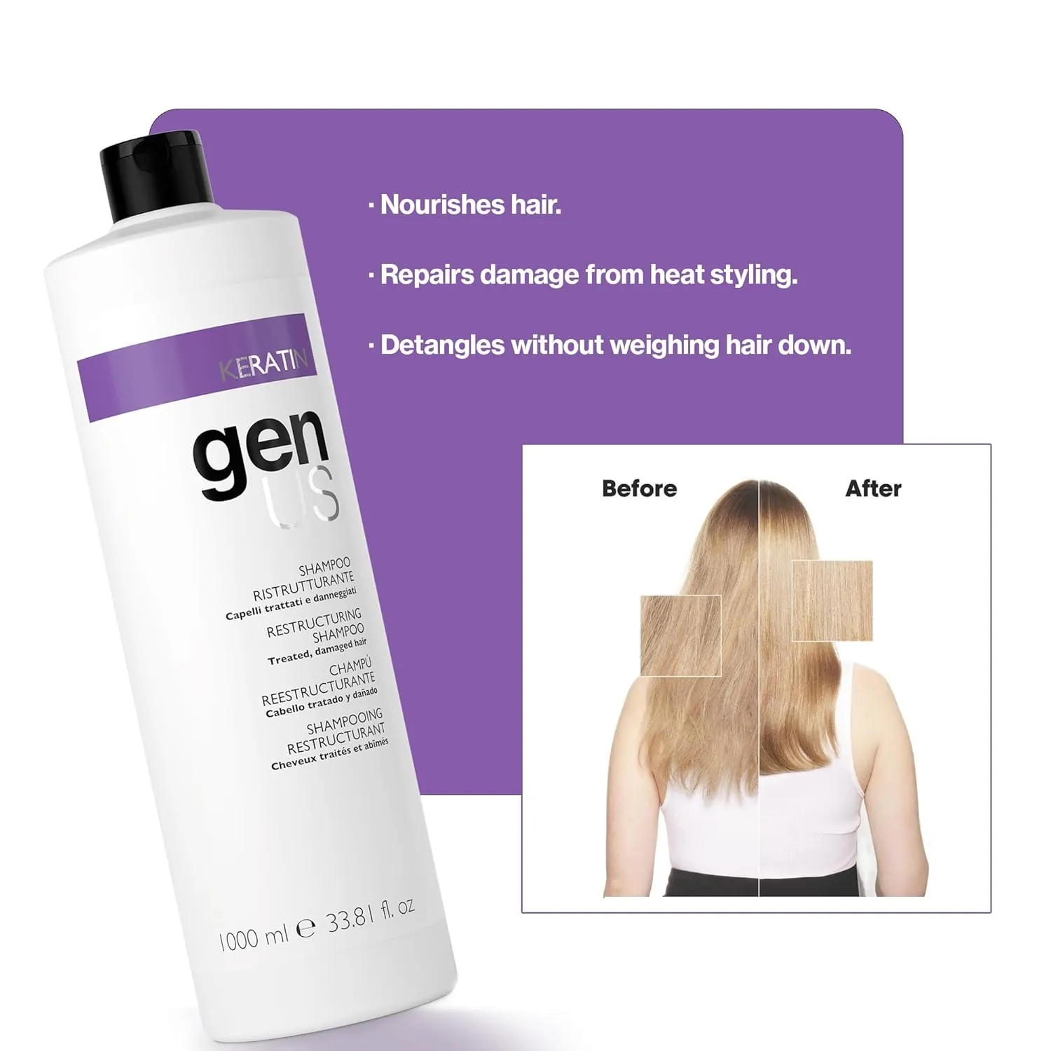 Genus Keratin Restructuring Shampoo - Enriched with Silk Proteins, Caviar and Collagen, Bestows Brilliance & Strength, Frizz Control, Suitable for Treated & Damaged Hair Types - 1000ml
