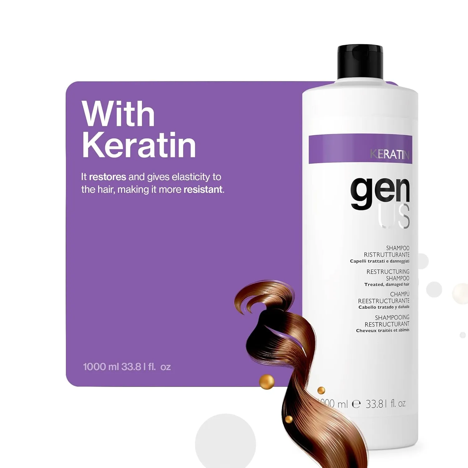 Genus Keratin Restructuring Shampoo - Enriched with Silk Proteins, Caviar and Collagen, Bestows Brilliance & Strength, Frizz Control, Suitable for Treated & Damaged Hair Types - 1000ml