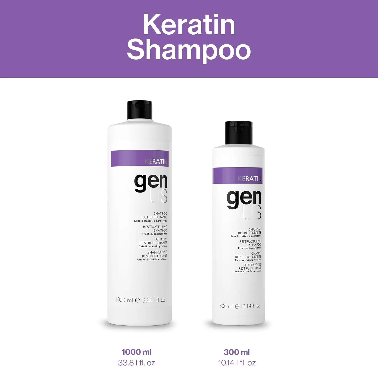 Genus Keratin Restructuring Shampoo - Enriched with Silk Proteins, Caviar and Collagen, Bestows Brilliance & Strength, Frizz Control, Suitable for Treated & Damaged Hair Types - 300ml