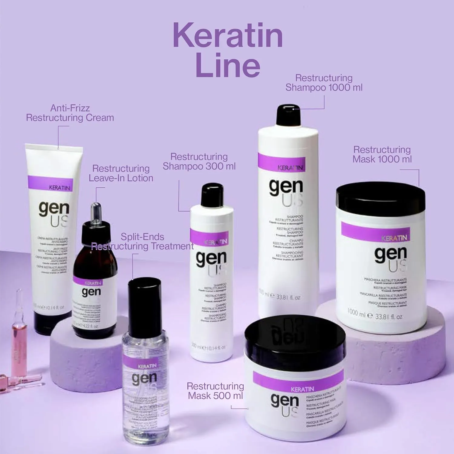 Genus Keratin Restructuring Shampoo - Enriched with Silk Proteins, Caviar and Collagen, Bestows Brilliance & Strength, Frizz Control, Suitable for Treated & Damaged Hair Types - 300ml