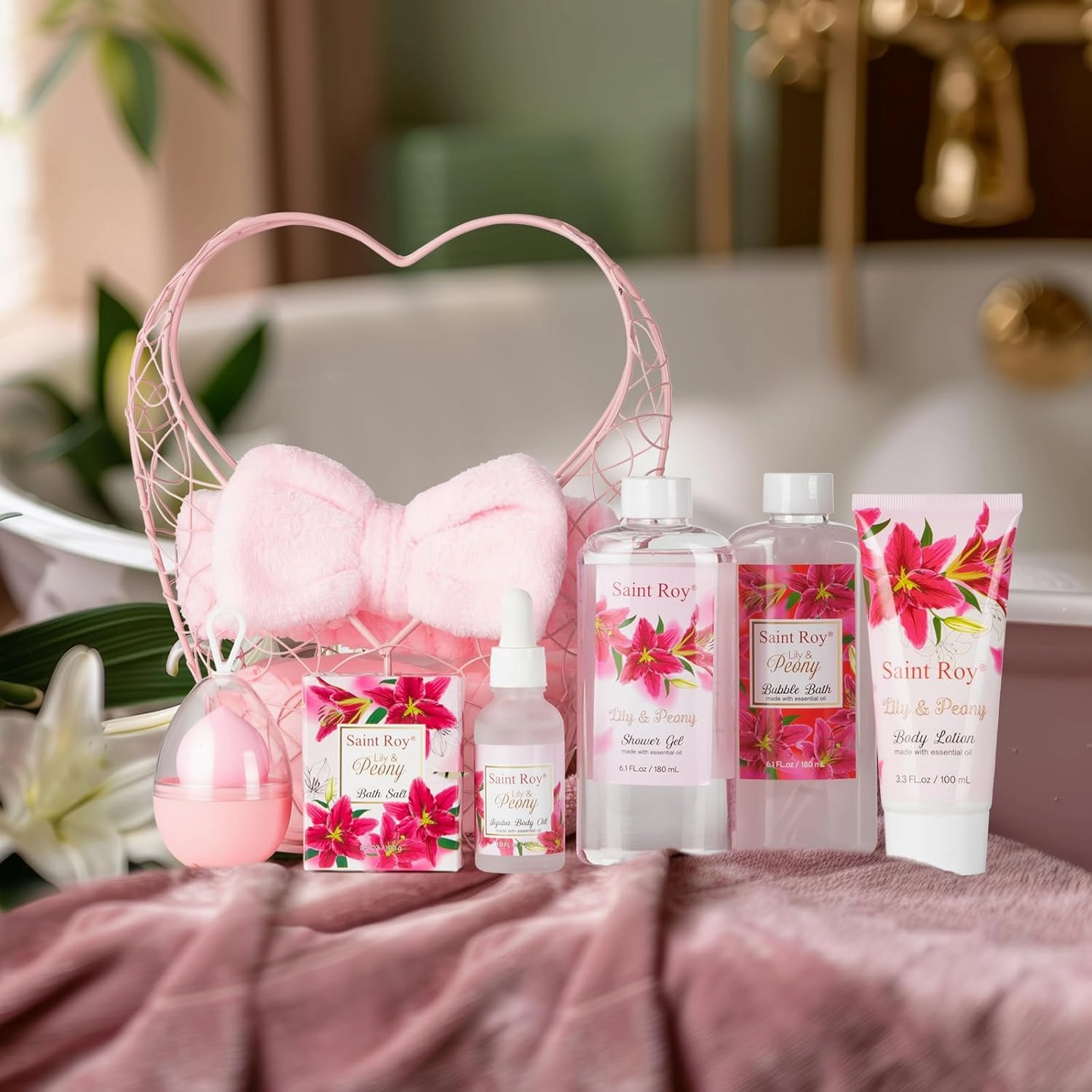 Gift Basket For Women, Mother's Day Gift for Mom Spa Set Lily & Peony Home Spa Set, Beauty Personal Care Set Jojoba Oil, Spa Self Care Kit, Bath Body For Thank You, Birthday, Mom, Anniversary Gift