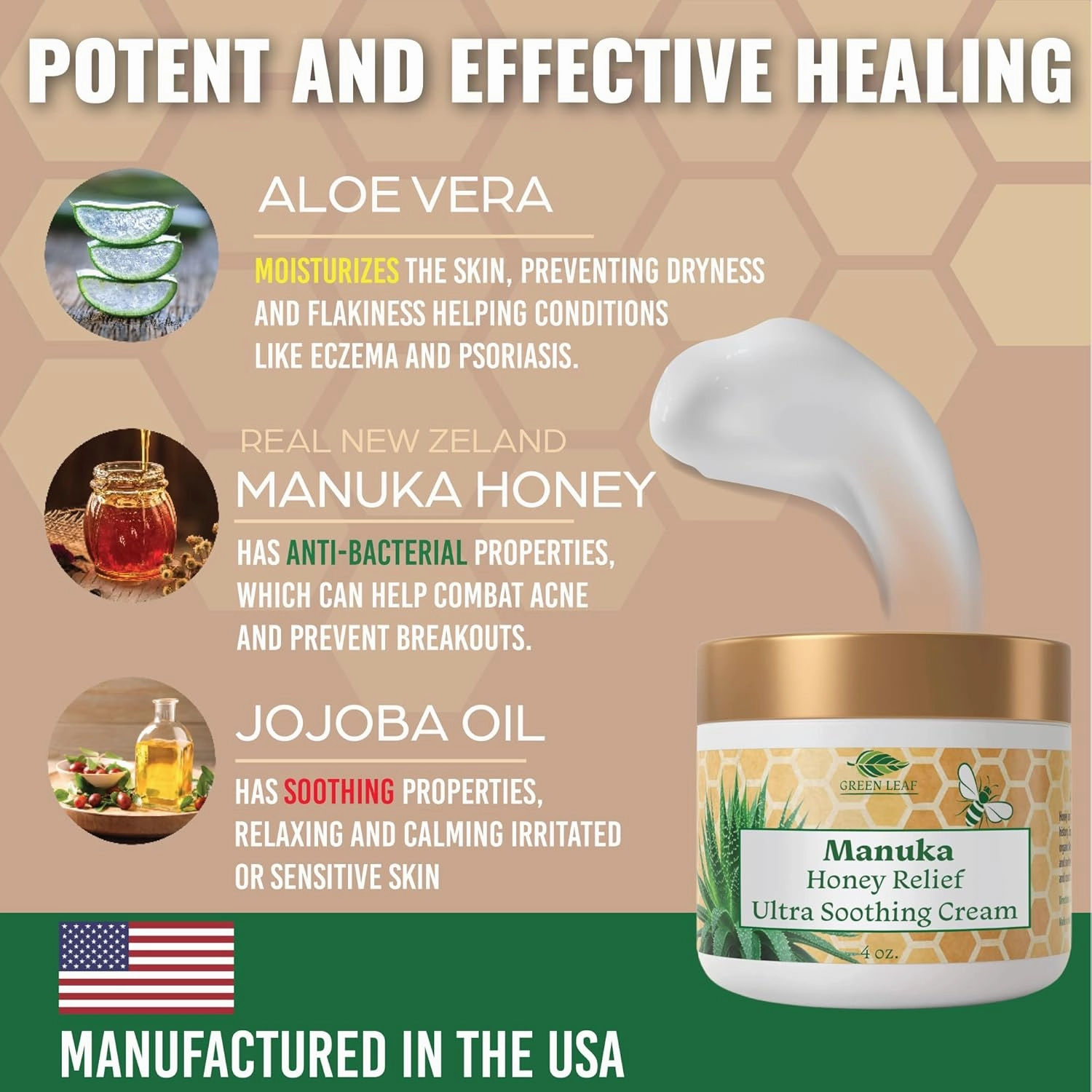 Green Leaf Naturals - Manuka Honey Face Cream - 8oz -Aloe Vera - Jojoba Oil Infused - Body Cream - Gluten Free Moisturizer for Kids & Adults - Nourishing Skin Care