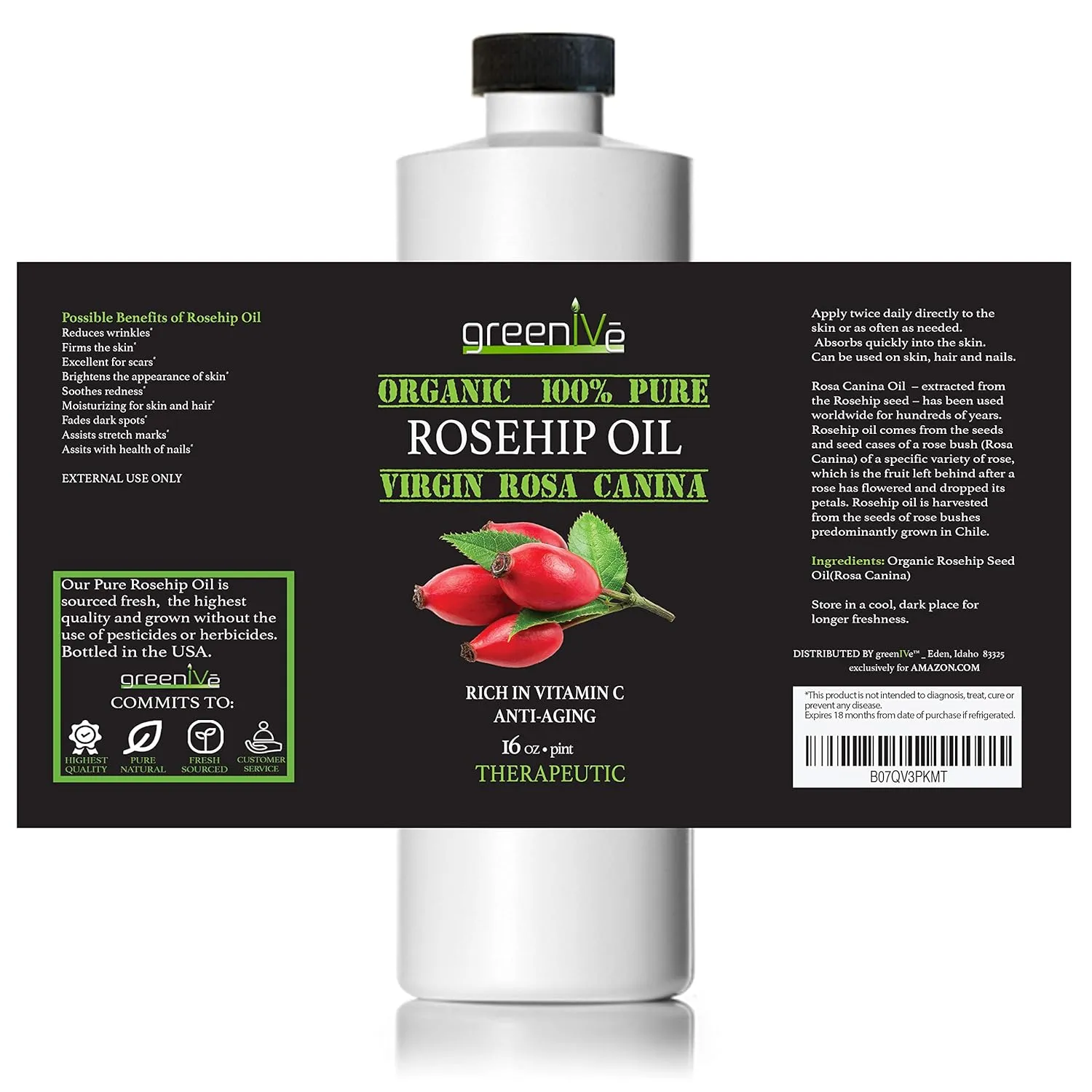 GreenIVe Organically Grown Rosehip Oil Rosa Canina 100% Pure Cold Pressed Virgin Oil Natural (16 Fl Oz)