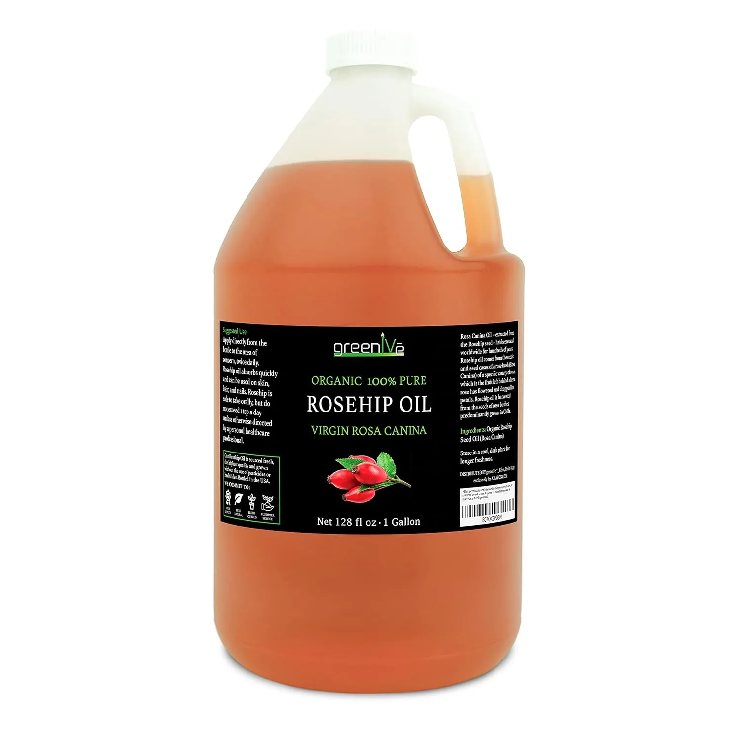 GreenIVe Rosehip Oil Rosa Canina 100% Pure Cold Pressed Virgin Oil Exclusively on Amazon (128 Fl Oz (1 Gallon))